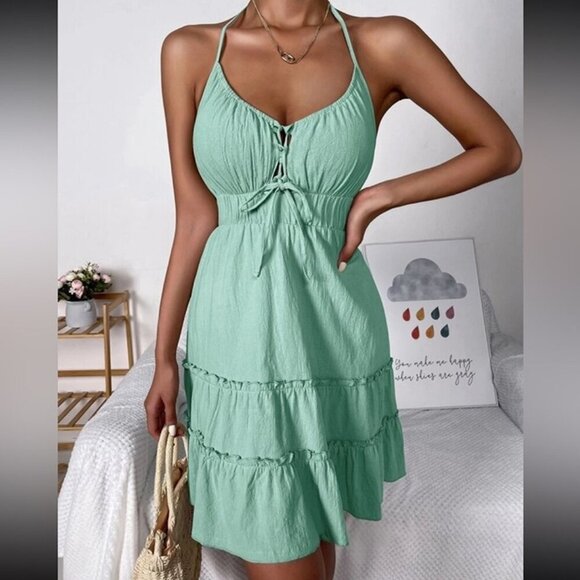 SHEIN Dresses & Skirts - NWOT SHEIN Light Green Ruched Tiered Halter Sleeveless Sundress Size Small